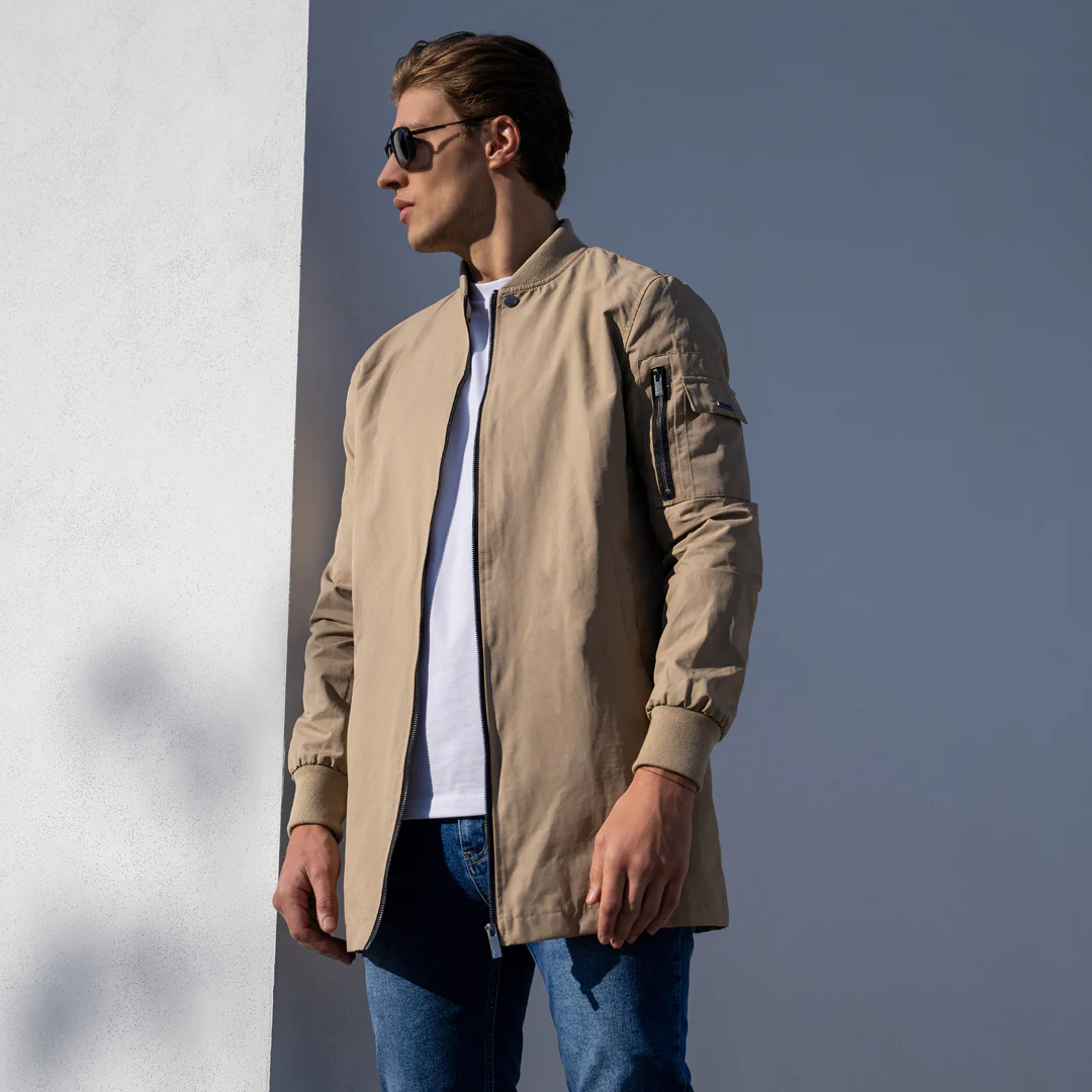 Neves Longline Bomber Jacket - Sand - Image 7